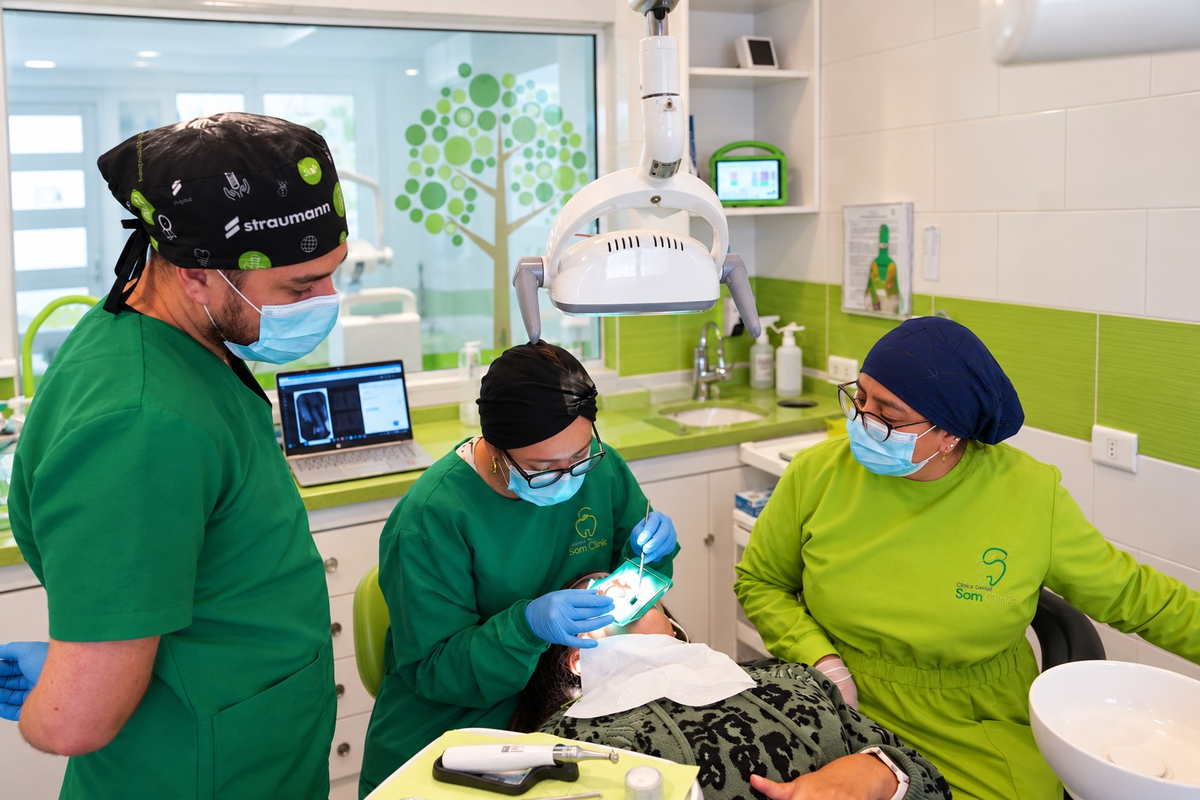 El Dr. Carreño y la Dra. Oliva revisan una radiografía panorámica en la pantalla del box